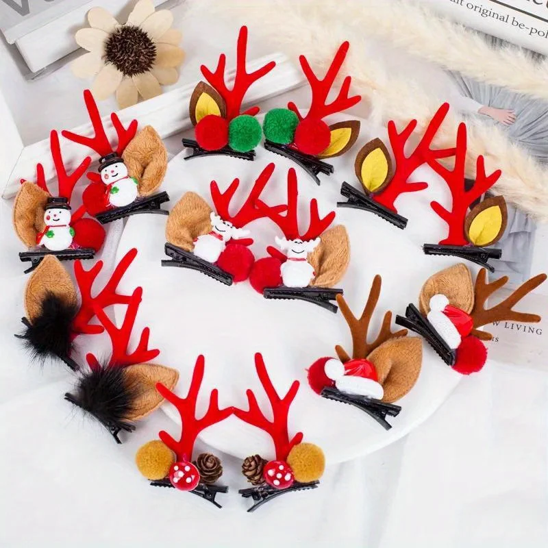 2pcs Christmas Hair Pin Cute Antler Deer Ear Hair Clips Santa Claus Snowman Barrettes Kids Headwear Girls Hair Accessories