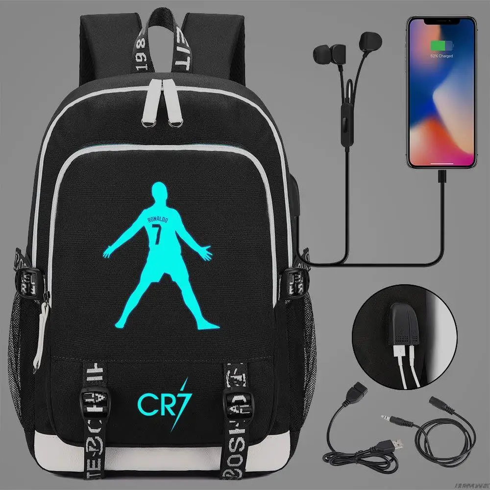 Football CR 7 Luminous Backpacks USB Charging 18 inch Laptop School Bags Black Extensible Casual Travel Mochilas