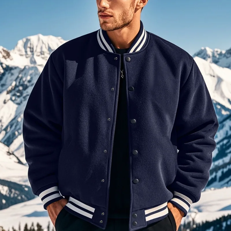 Men's Varsity Baseball Jacket Ribbed Collar Button Down Long Sleeve Loose Fit Casual Streetwear Bomber Coat With Pockets
