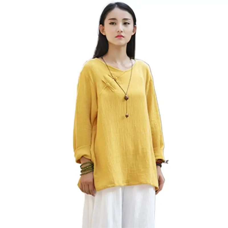 

Spring women vintage V neck buttons cotton linen Shirts plus size Chinese style button blouses Autunm femininas blusa tops