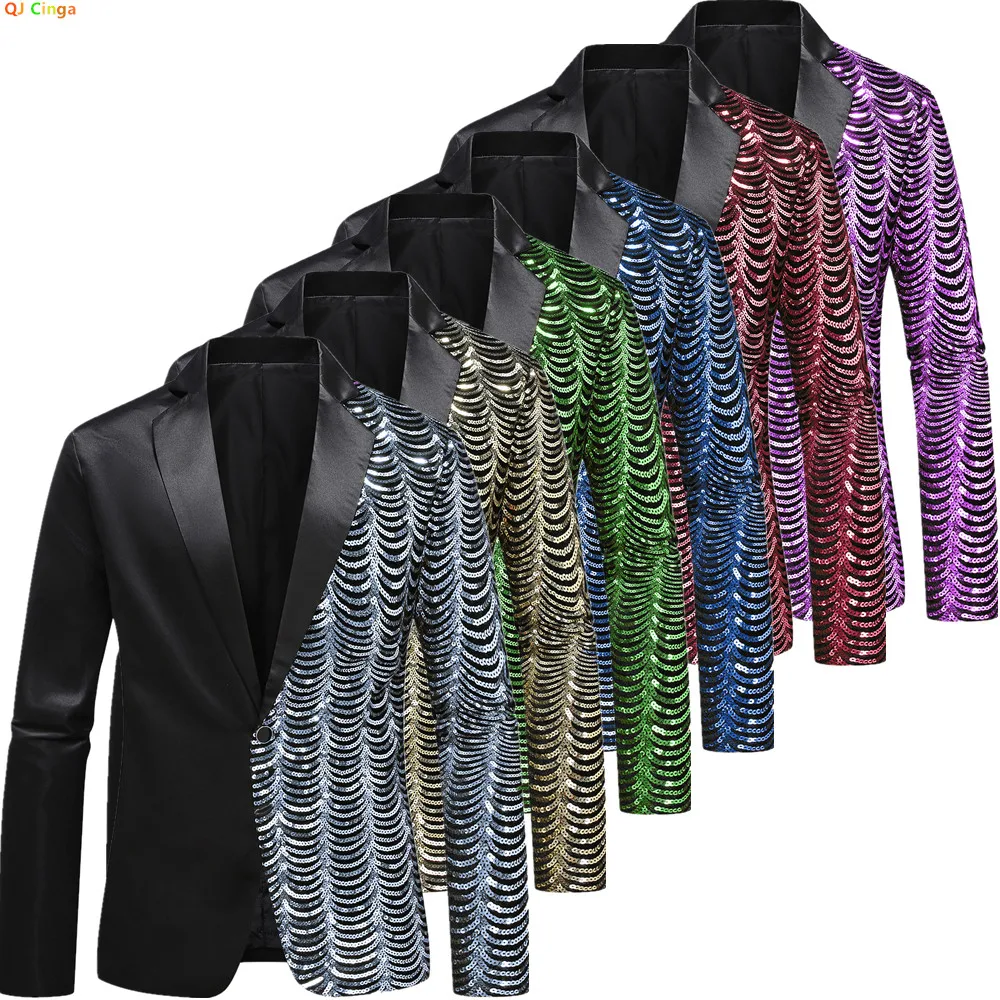 

2026 New Arrival: Men's Black Long-Sleeve Blazer with Silver Round Sequins Jacket; Available in Gold, Green, Red, and Purple.