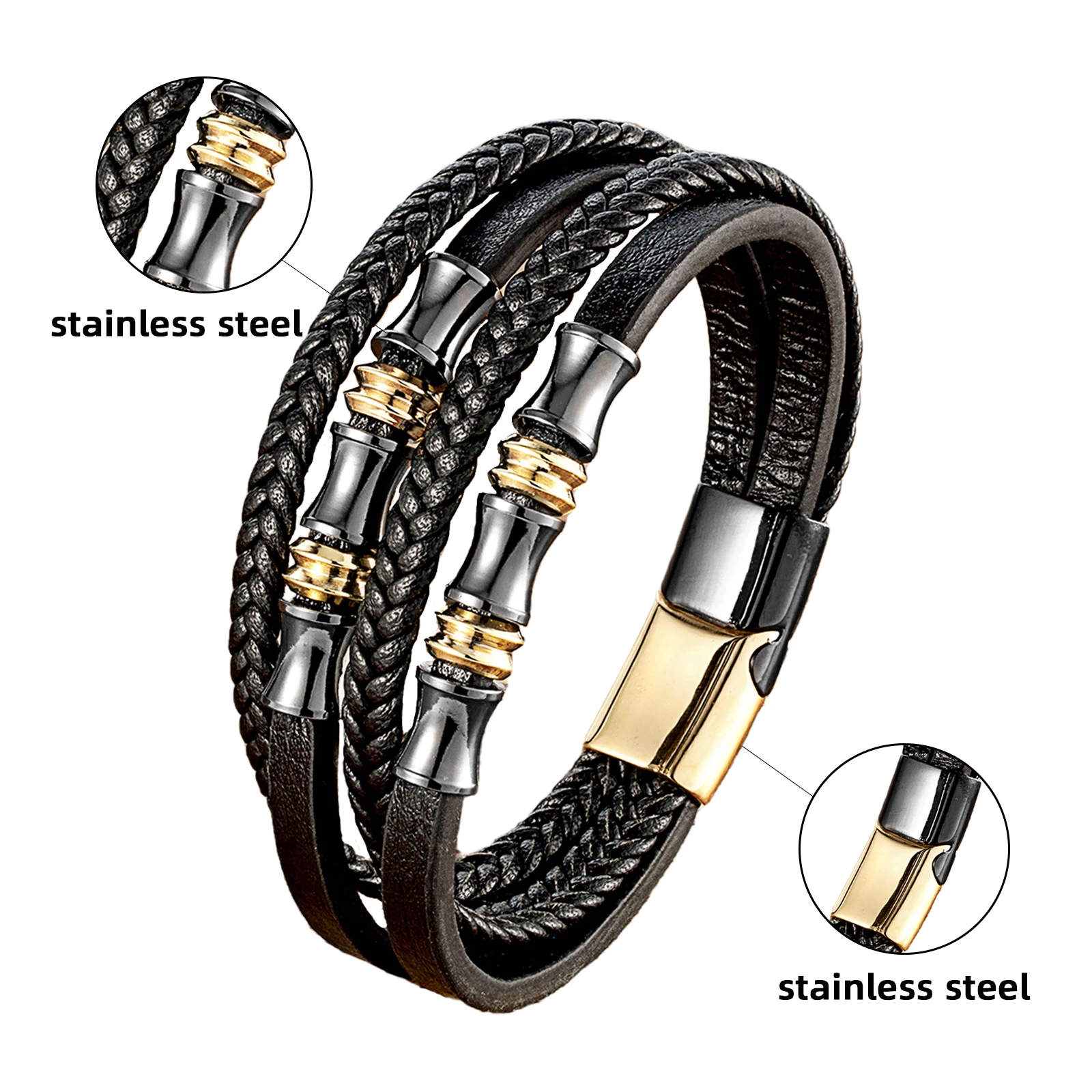 YAN MIN Stainless Steel Bracelet Men Wrist Band Black Woven Leather Rope Punk Bracelet Wristband Stylish Casual Jewelry