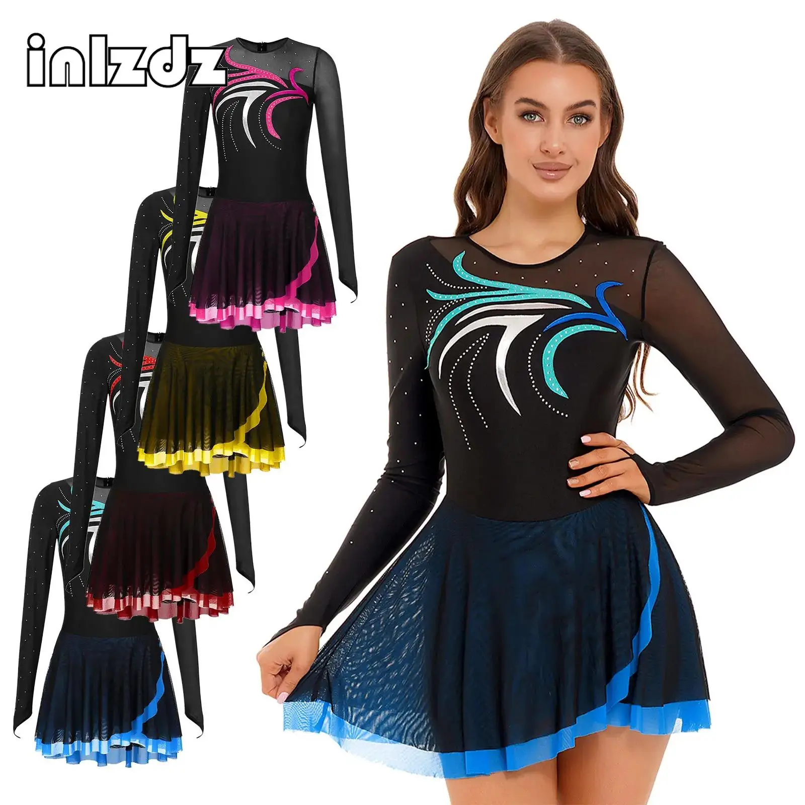 

Womens Figure Ice Skating Dress Long Sleeve Rhinestone Ballet Tutu Dance Dresses Gymnastics Leotards Stage Performance Costume