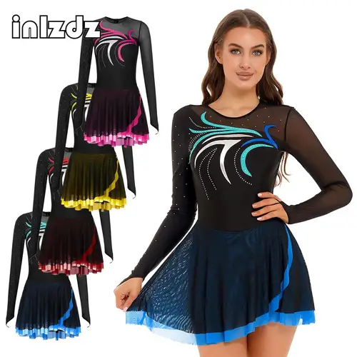 Vestido de patinaje sobre hielo para mujer, tutú de Ballet de manga larga con diamantes de imitación, vestidos de baile, Leotardos de gimnasia, disfraz de escenario actuación