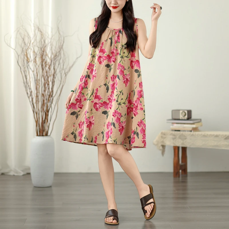 

Summer Loose Cotton Linen A-Line Skirt Dr for plus Size Women round Ne Print Thin Material Svel Midi Dr