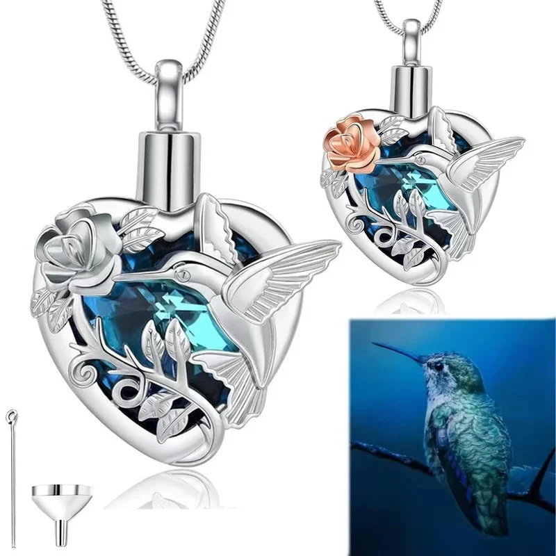 Hummingbird Heart Urn Necklace for Ashes Stainless Steel Cremation Jewelry Memorial Keepsake Locket