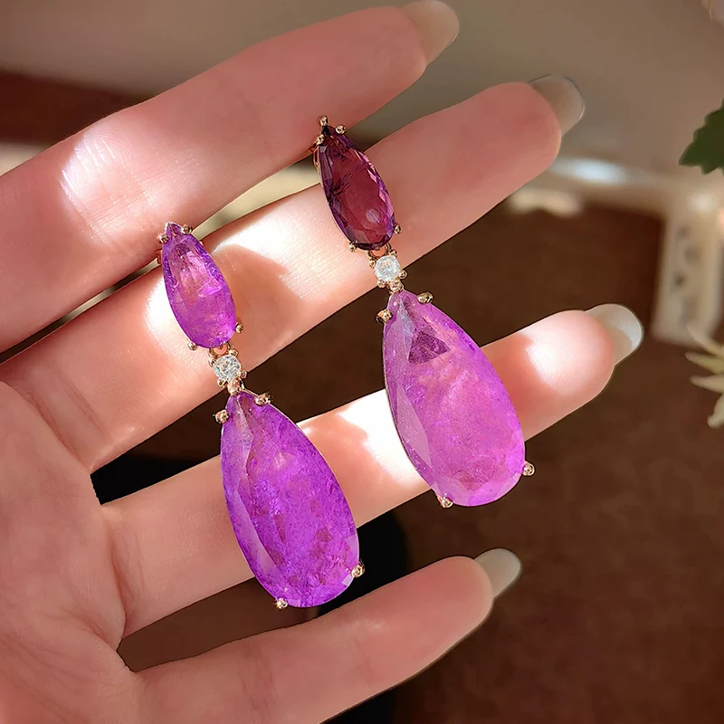 European and American Earrings Cotton Violet Water Drop Earrings High Quality Crystal Pear Shaped Eardrops for Women KOFSAC