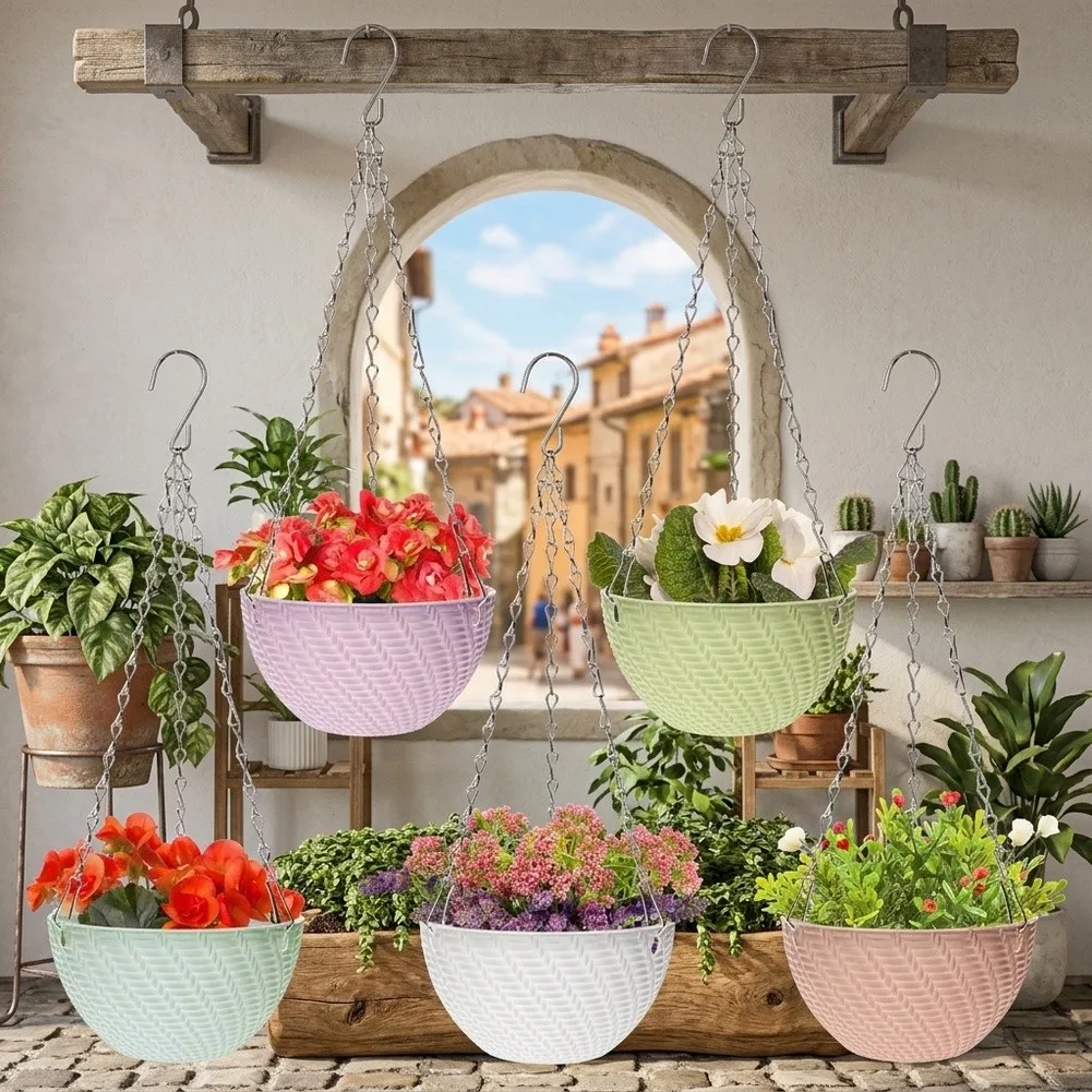 5 Unit Plastic Hanging Basket Kit with Integrated Chain Hooks for Apartment Balconies Dorm Rooms or Small-Scale Garden Projects view 2