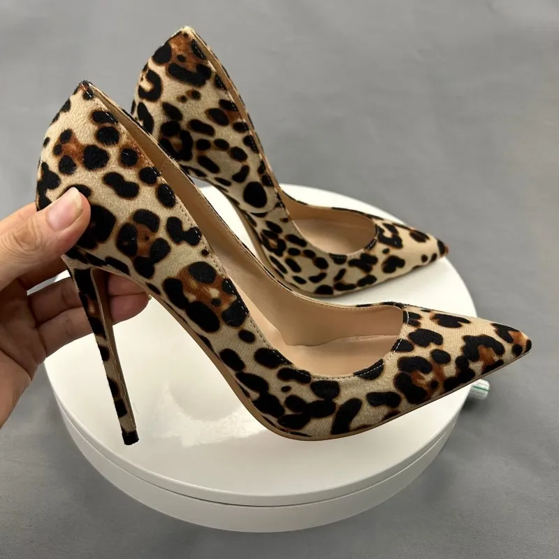 Tikicup Women Leopard Sexy Pointy Toe High Heel Shoes Ladies Slip On Designer Stiletto Pumps 8cm 10cm 12cm Plus Size 33-46