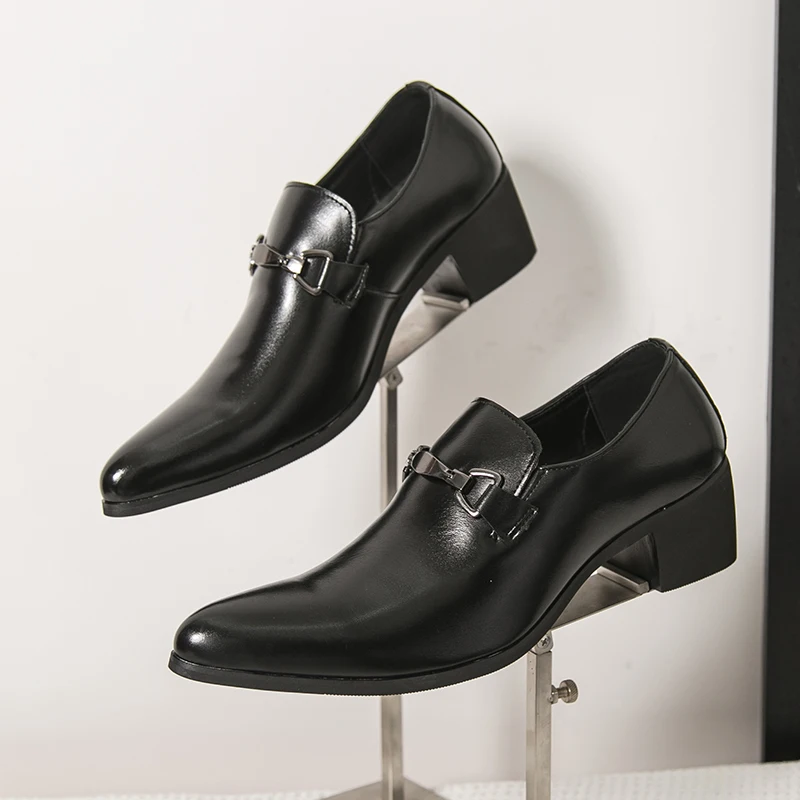 Men High-heeled Casual Leather Shoes Patent Leather Stylist's Shoes Men Pointed-toe Business Office Dress Shoes Size 38-46