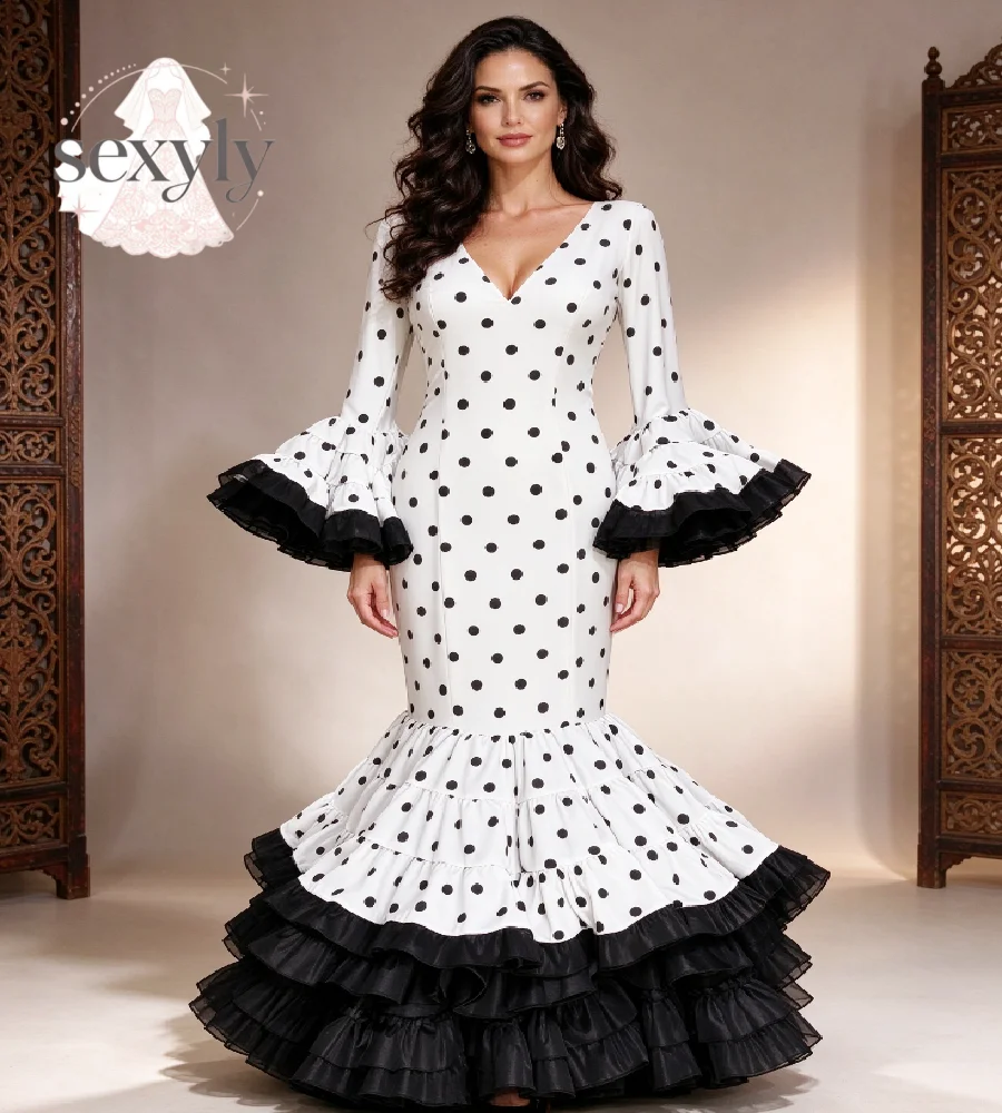 Vestido de fiesta de flamenco con lunares blancos y negros, vestido de noche con mangas de campana y volantes, vestido de sirena, elegante para espectáculos de baile español, formal, 2027