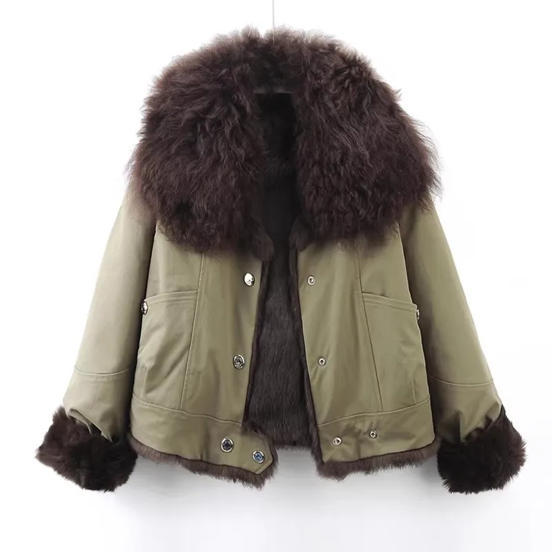 

Зимняя мода, толстая теплая овечья шерсть с лацканами из кроличьего меха, женские парки, пальто, повседневная однобортная женская верхняя одежда с длинными рукавами