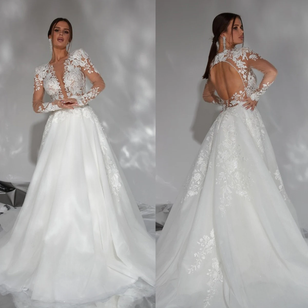 

Elegant A-Line Wedding Dresses Deep V-Neck Flower Applicants Transparent Long Sleeves Backless Floor Length Custom Made Plus