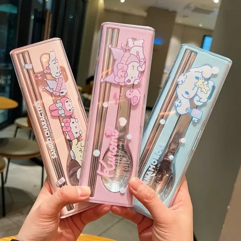 

2pcs/set Kuromi Stainless Steel Chopsticks And Spoon Set My Melody Cartoon Cute Portable Reusable Kitchen Tableware Set Gift