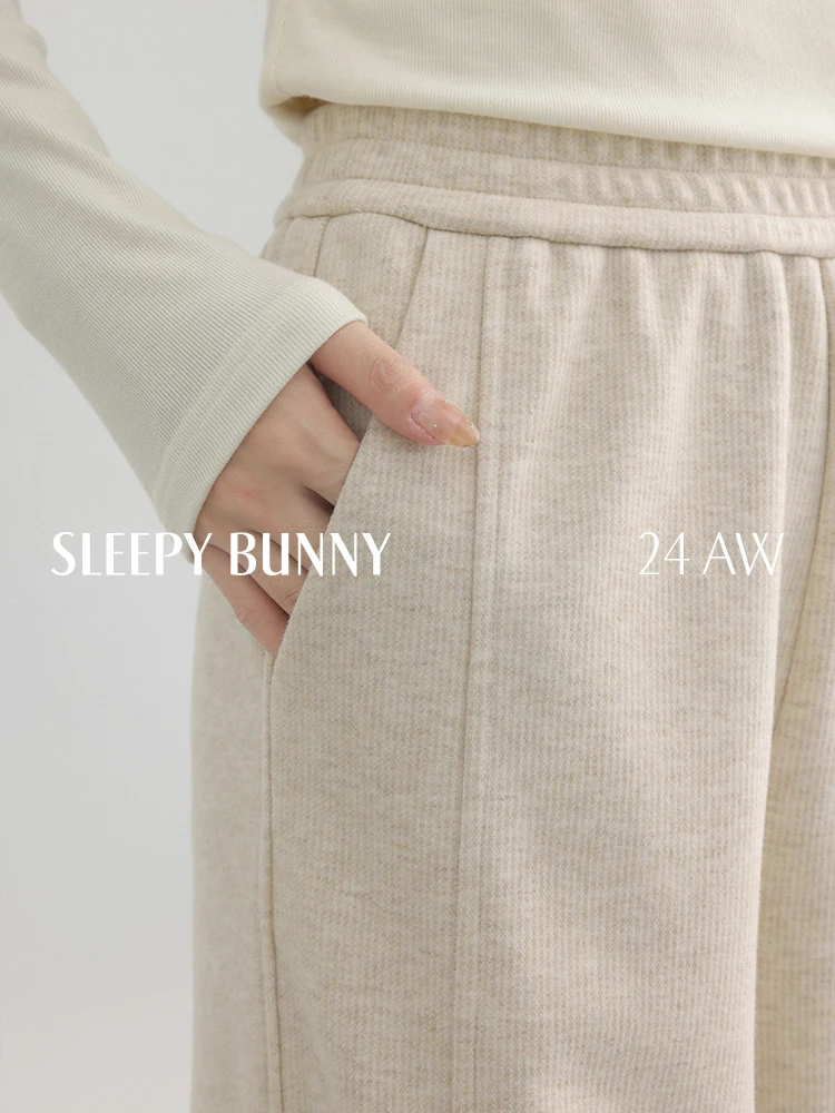 High Waist Knit Wide Leg Pants Brushed Straight Trousers Women Spring Casual Draped Bottoms Petite Slimming Relaxed Lazy Outfit