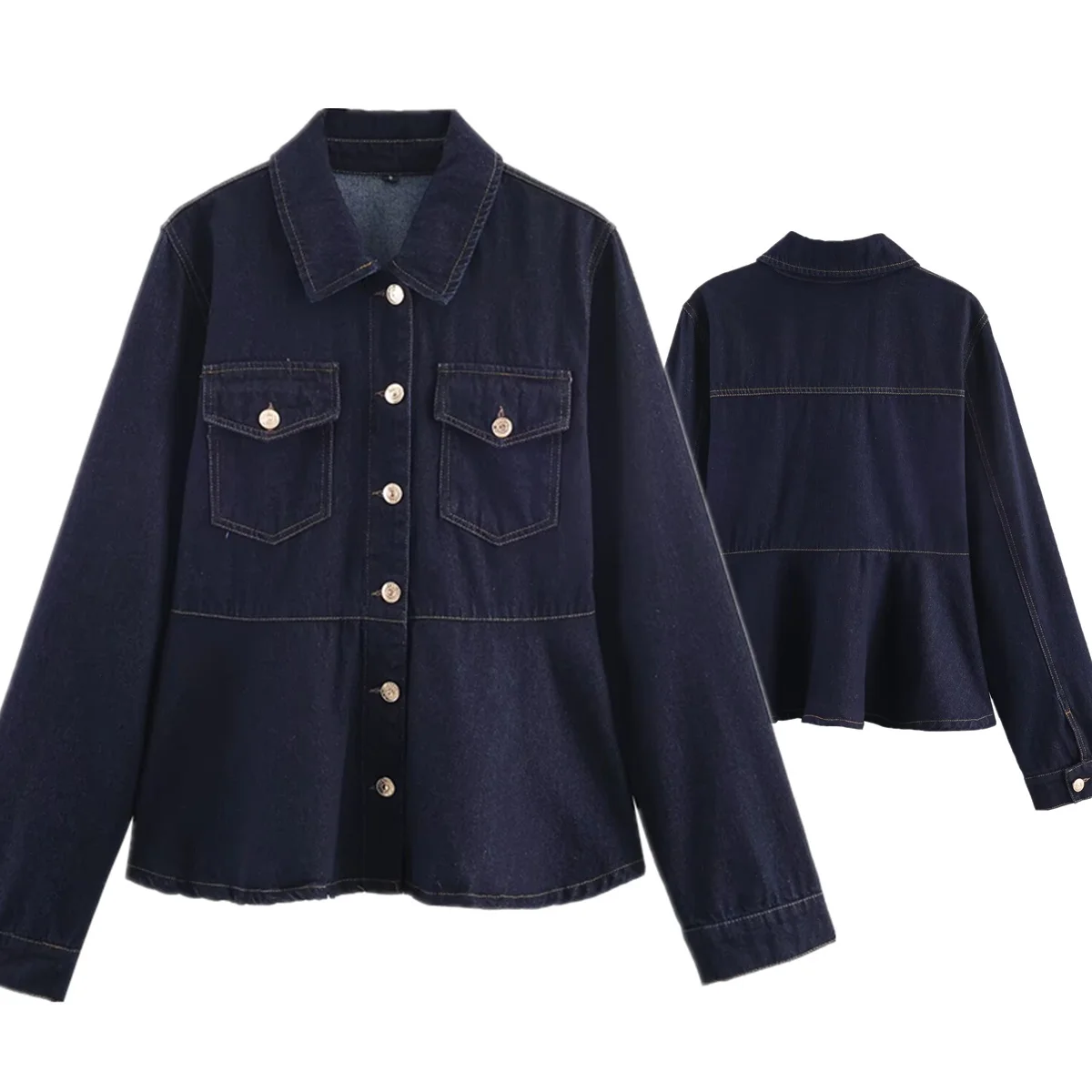 

Jenny&Dave Nordic Minimalist Navy Blue And Gold Button Denim Jacket Top Shirt Elegant Slim Fit Puff Sleeve Autumn Women's Jacket