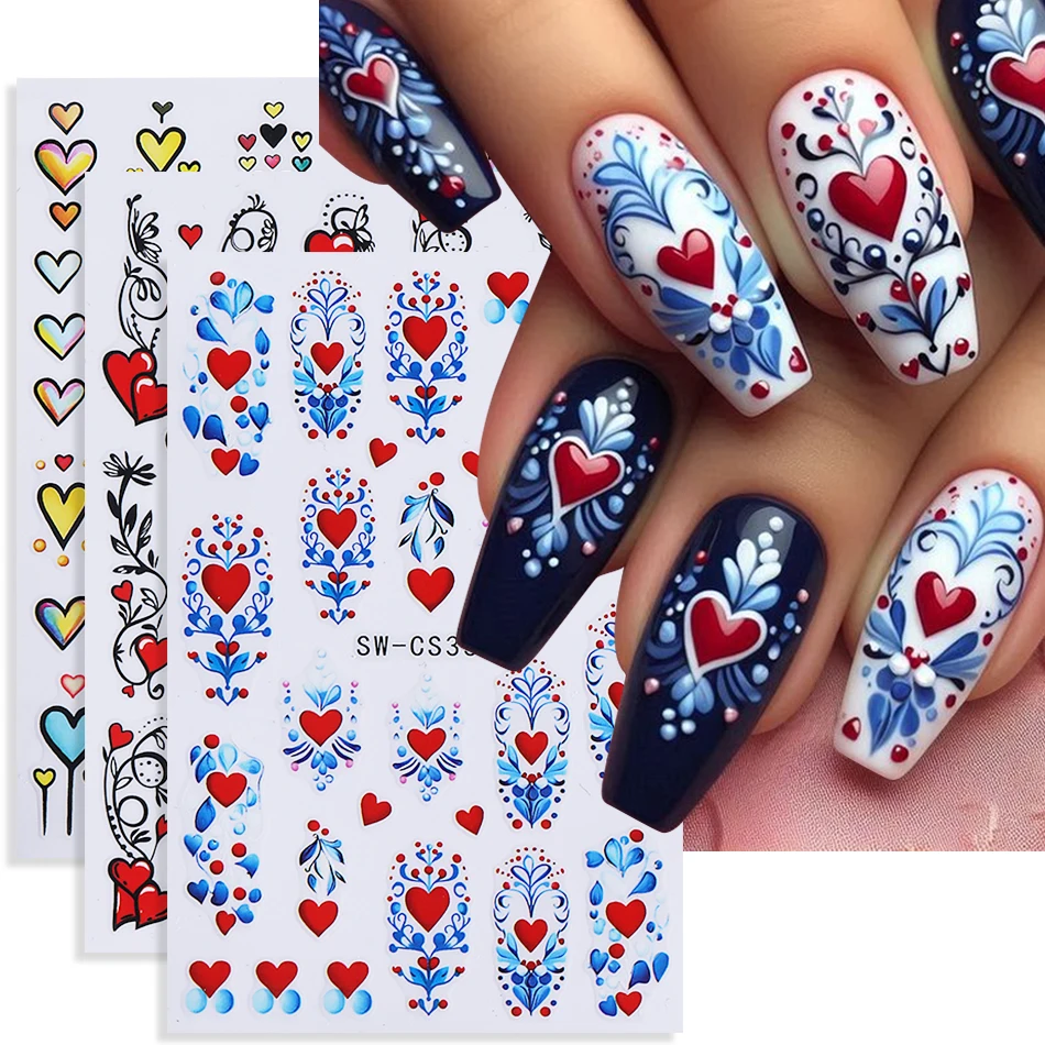 3 stücke Böhmischen Herz Nail art Aufkleber Valentinstag Rot Liebe Herz Blütenblätter Einfache Linie Nagel Aufkleber DIY Maniküre Dekoration sliders