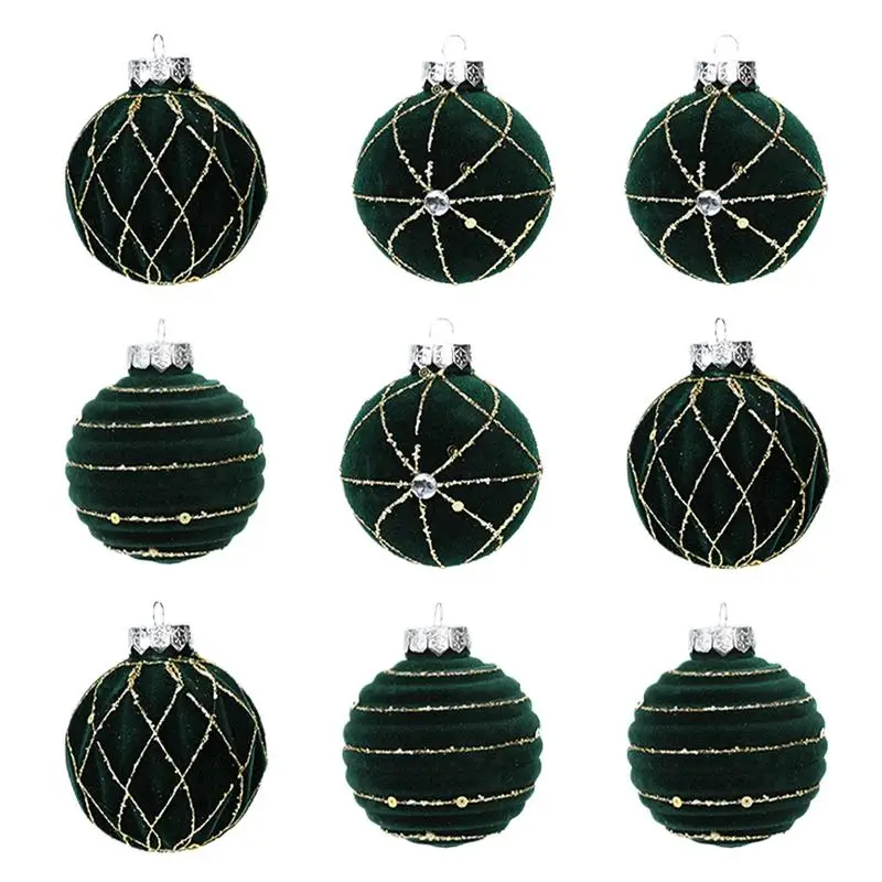 Flocked Christmas Ornaments Balls 9X Rhinestones Bell Decor 3.15 Inch Rhinestones Ball Tree Decorations Bauble Pendants