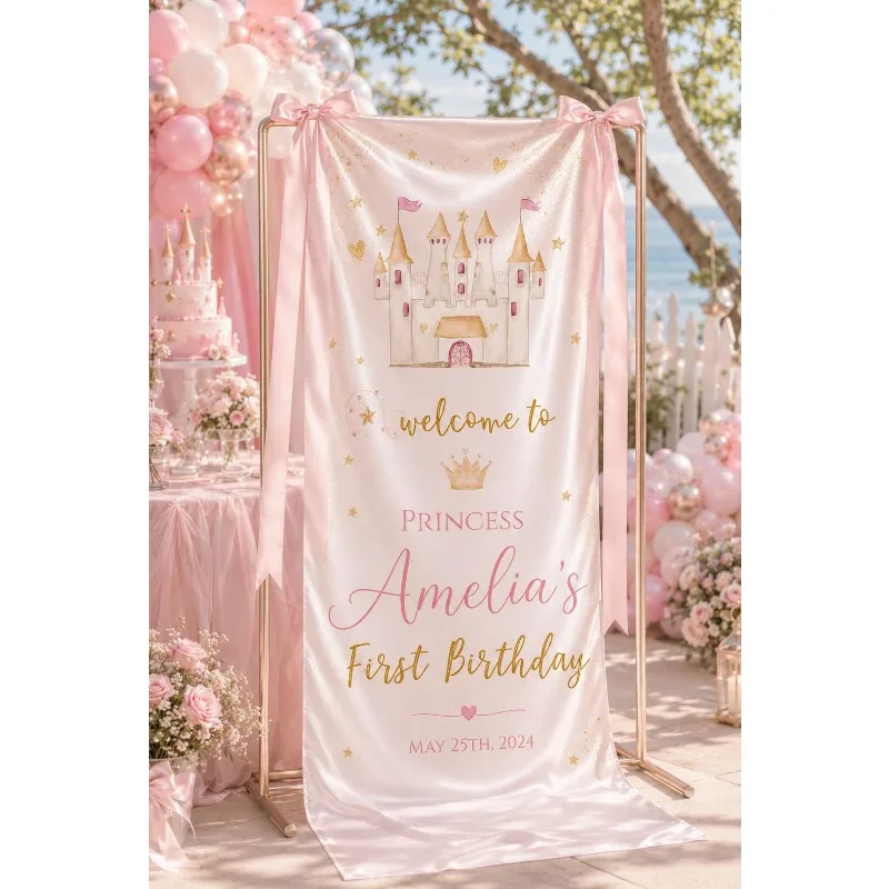 Custom Satin Birthday Girl Welcome Sign, Personalize Princess Birthday Banner, Baby 1St Birthday Party Decor with Pink Ribbons