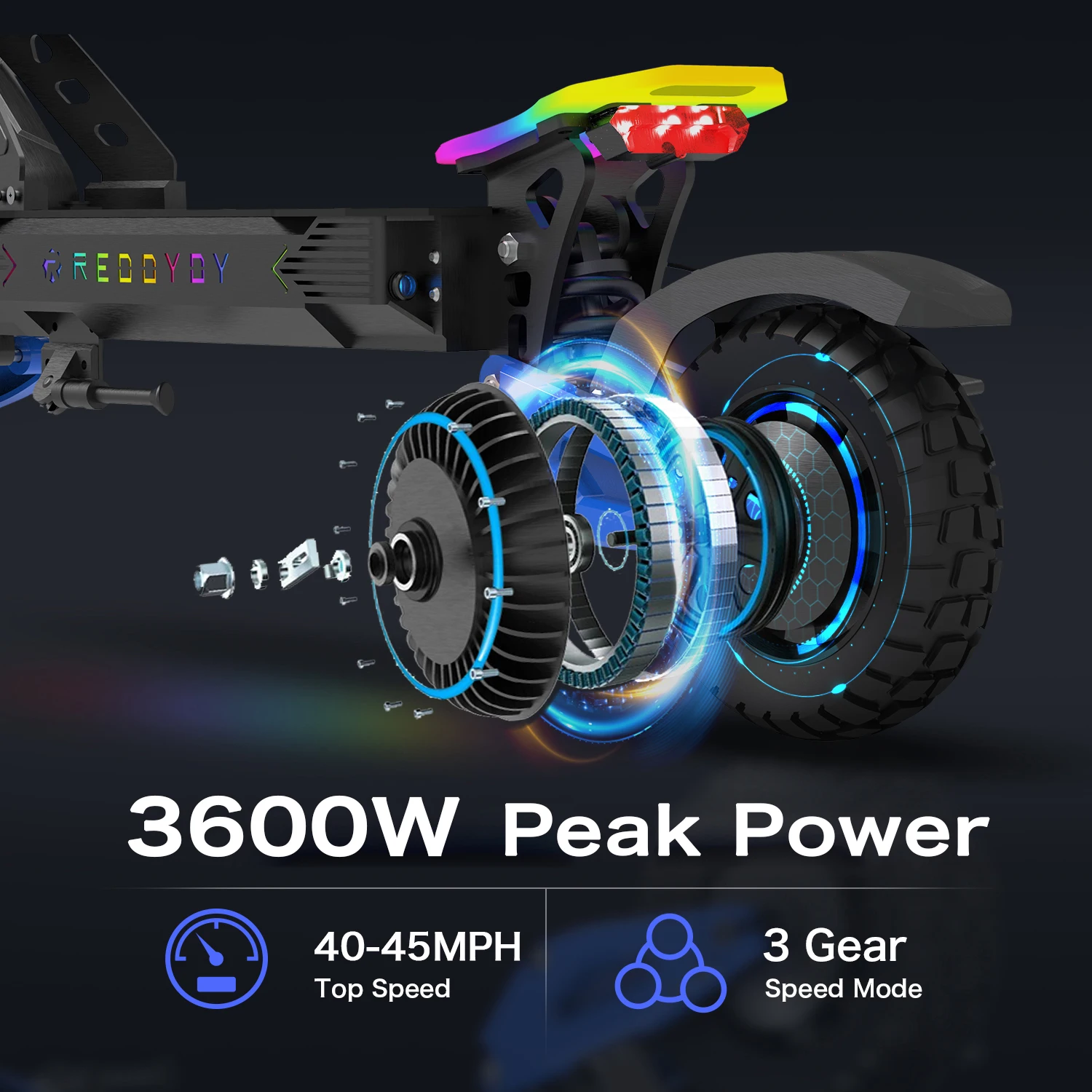 REDDYDY RD2 Electric Offroad Scooter 45MPH Max Speed 3600W Peak Dual Motors Adult Scooter 60V18.2Ah High Capacity Battery 50Miles Max Range 3-riding Modes 10.5