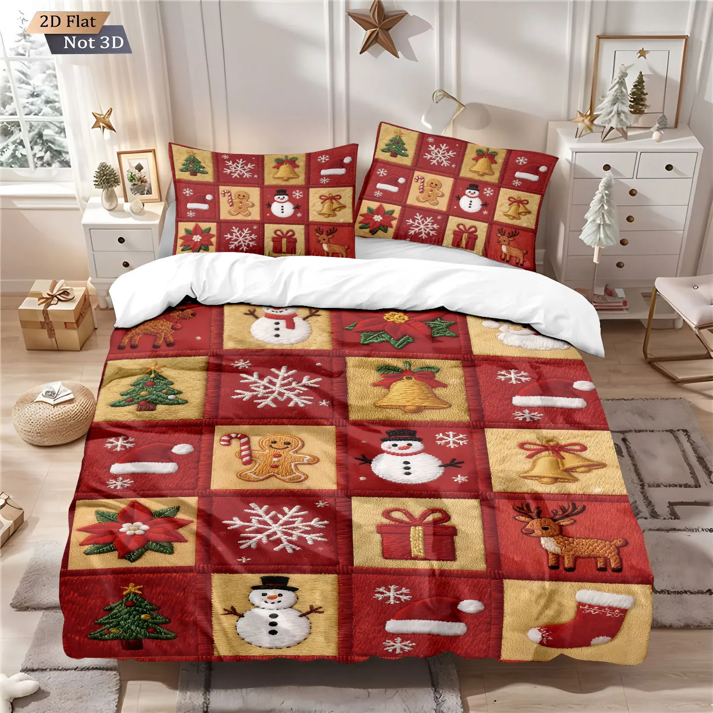 Christmas Bedding Set Red Deer Santa Claus Gingerbread Printed King Queen Size Duvet Cover Set for New Year Home Bedroom Decor