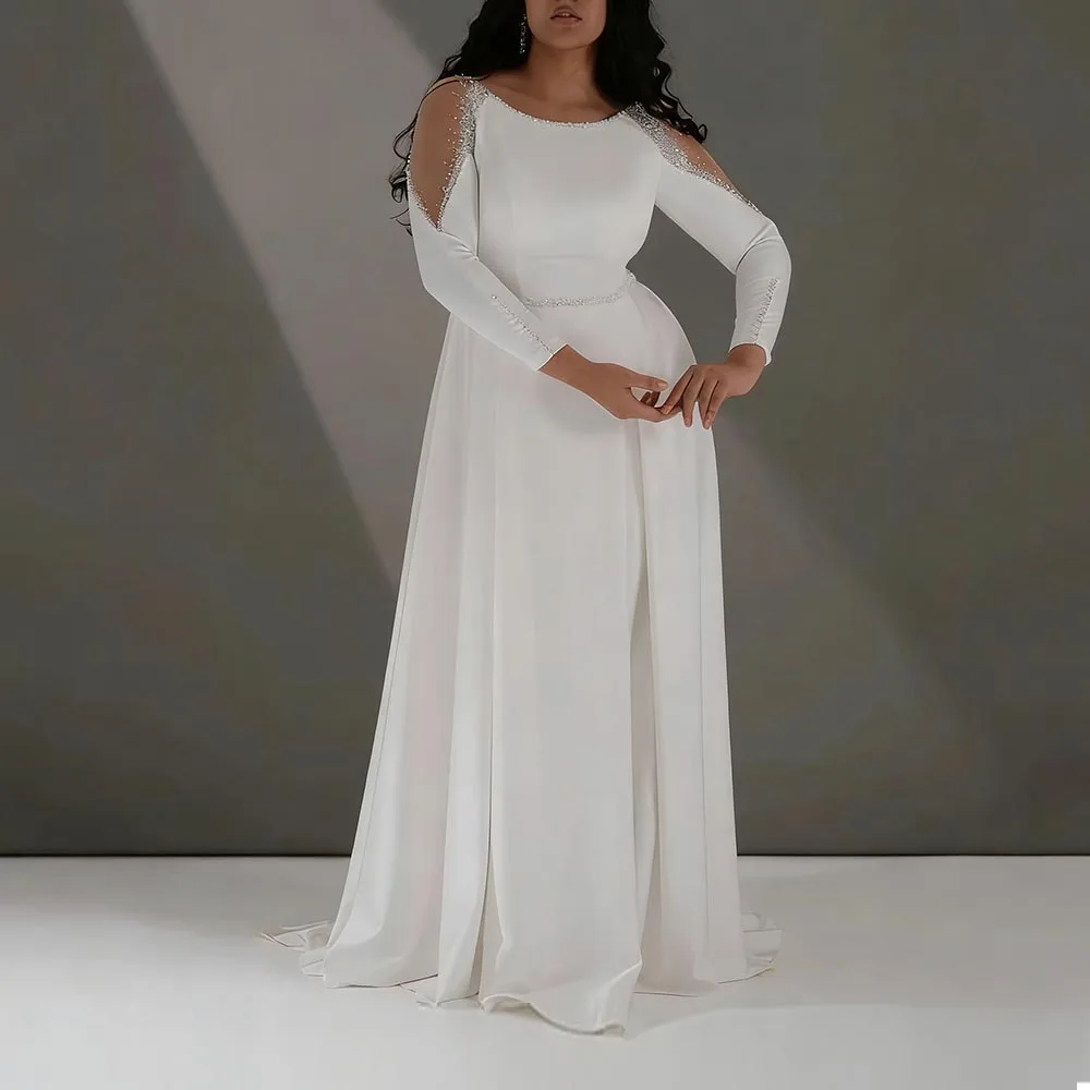 

Plus Size Elegant Wedding Dresses For Bride O-neck Beading A-Line Bridal Gowns Long Sleeves High Slit Brides dress Customized