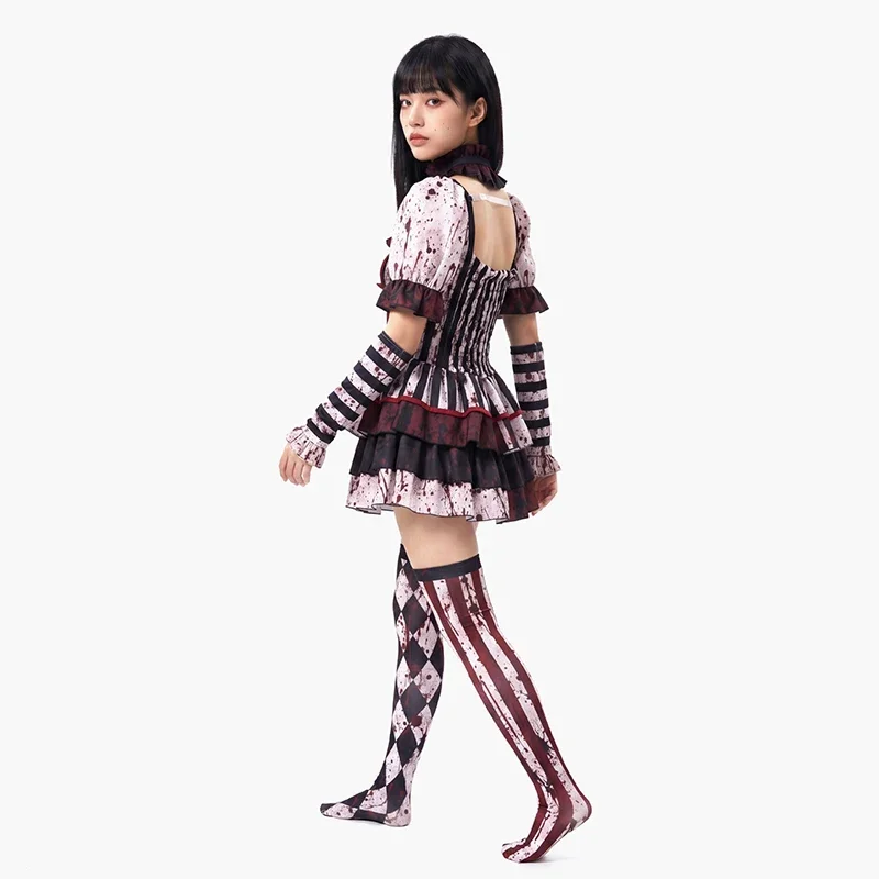 2026 New Unisex Bloody Horror Gothic Harlequin Pattern Cosplay Dress Full Set Gloves Stockings Men Women Halloween Carnival Cost view 3