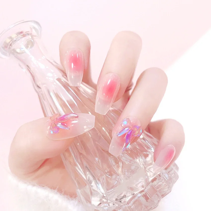 24Ps/Set Ice Clear Camellia Fake Nails Pearl Premium Feeling Wearing False Nails Full Cover Adhesive Removable Press on Nail Art