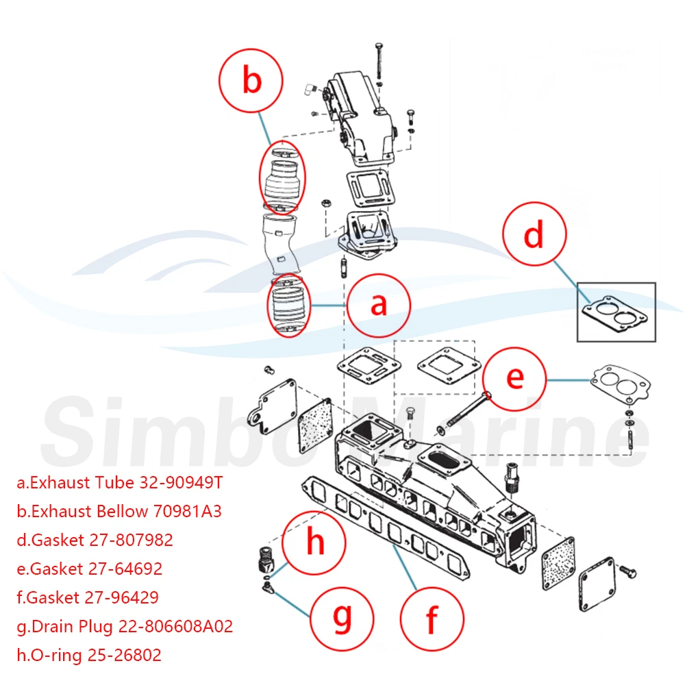 32-90949T 27-96429 Exhaust Wet Joint Manifolds Gasket Kits With Exhaust Bellow For MerCruiser Model 120/140 4-CYL 70981A3