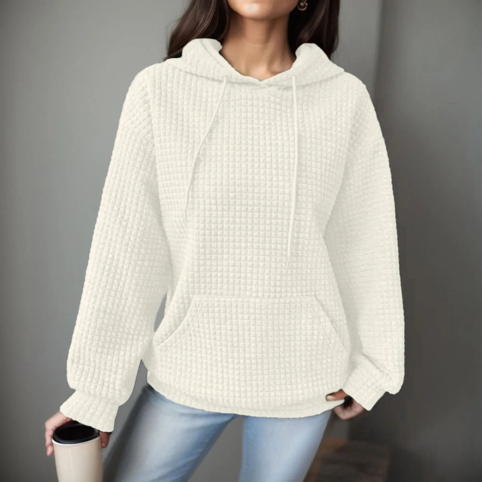 

Women Hoodie Sweatershirt With Loose Pullover Long Sleeve With String Pocket Hoodie Waffle Pattern Fashion Solid Color Tops