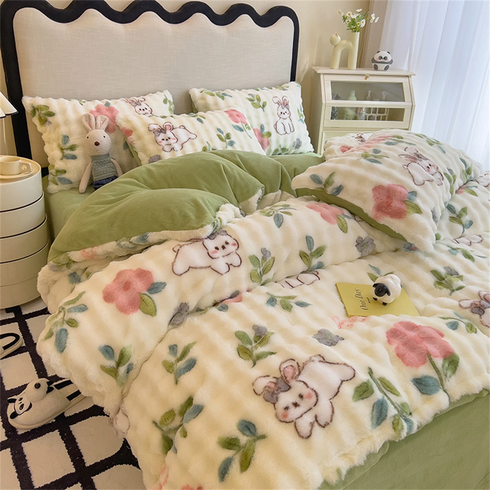 Bedding Set Big Bubble Rabbit Hair Four Piece Set Printed Thickened Quilt Cover Bed Linen Pillowcase Queen King Bedroom Decor