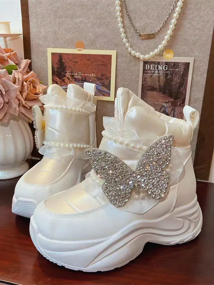 Luxury rhineland pearl trim thickened big cotton shoes white casual platform female boots 34-40