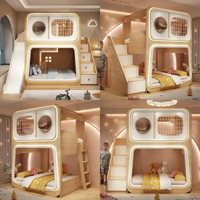 S Shaped Capsule Bunk Bed for Kids High Guardrail Double Deck Mother Child Sleeping Furniture Creative Space Saving Design