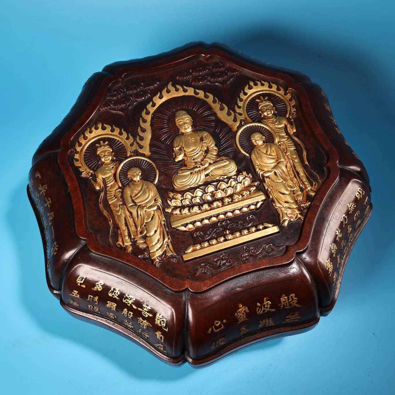 Old Purple Bronze Outline in gold Gilded High relief Shakyamuni 5 Buddha patterns Scripture engraving Buddha Box Storage pot