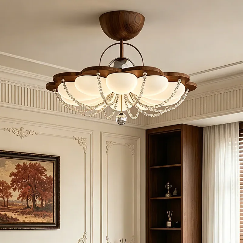 Medieval Style Master Bedroom Ceiling Light with Crystal Chain Accessories and Walnut Wood Grain 2026 New Petal Design Room