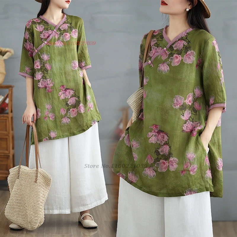 

2024 chinese vintage hanfu tops folk blouse national flower print improved v-neck blouse traditional tea service hanfu blouse