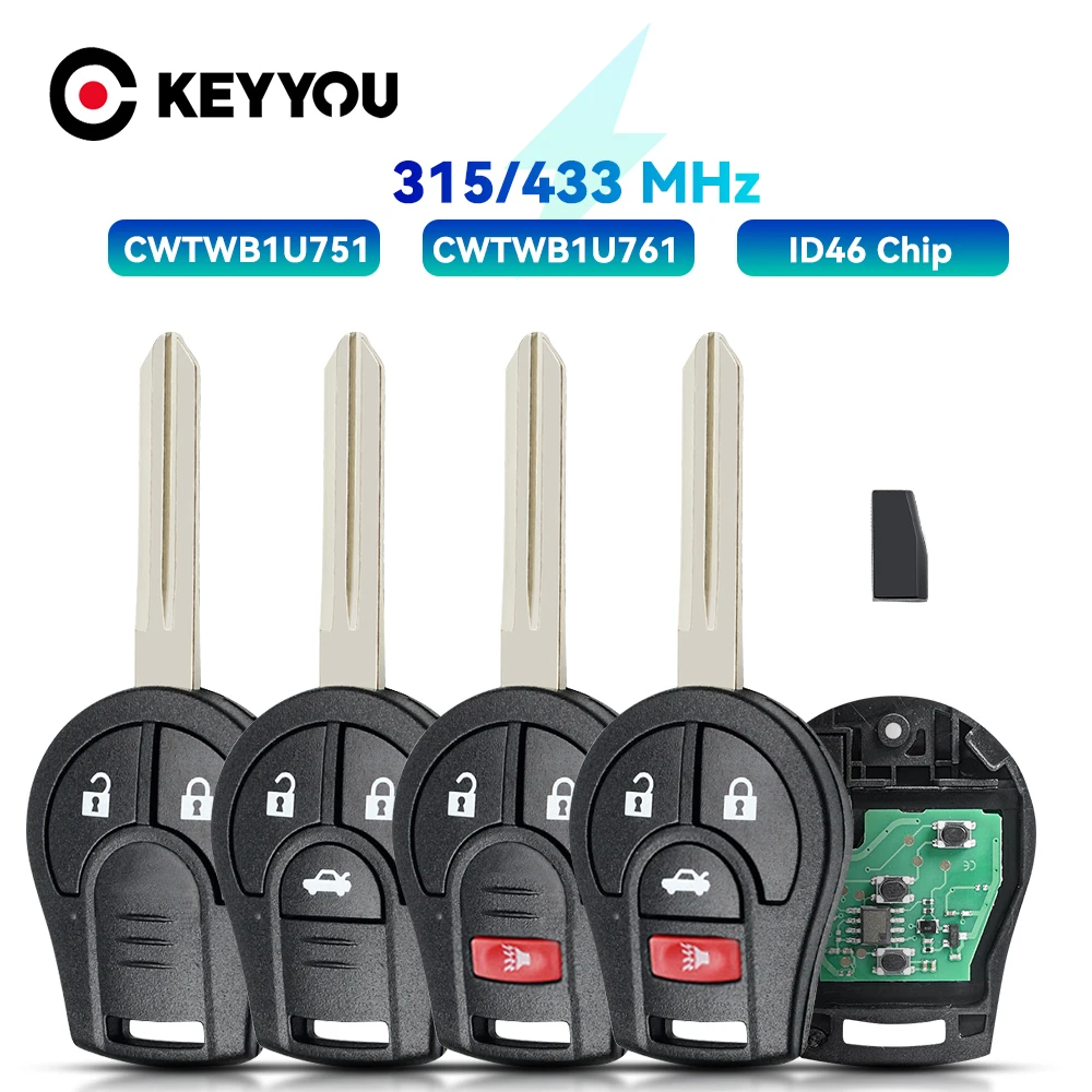 KEYYOU 315/433Mhz zdalny kluczyk do nissana Qashqai słoneczny Tiida x-trail Keyless ID46 Chip Fob nadajnik CWTWB1U751 TWB1U761