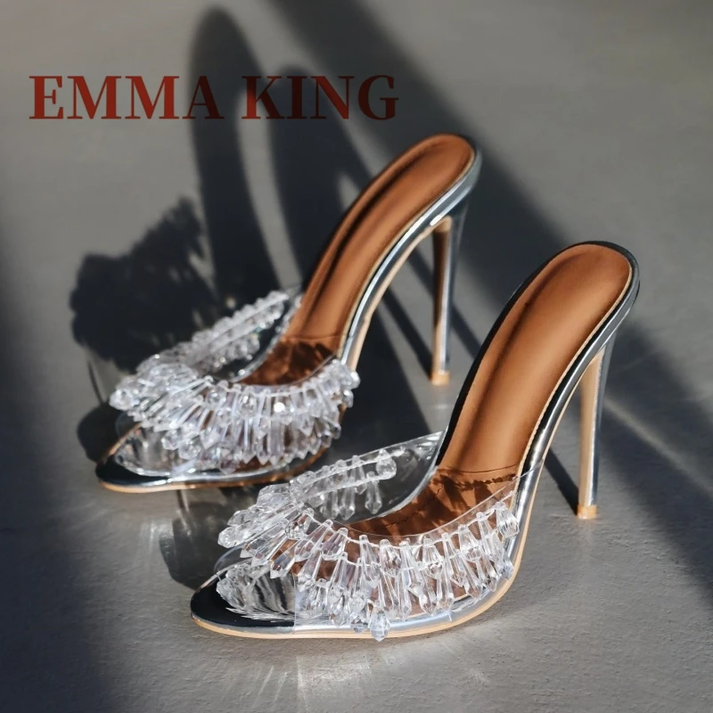 واضح بولي كلوريد الفينيل المفتوحة تو البغال النساء تألق الفضة معكوسة عالية الكعب أحذية أنيقة السيدات مطرز ديكور النعال الصلبة حجم كبير 46 #4