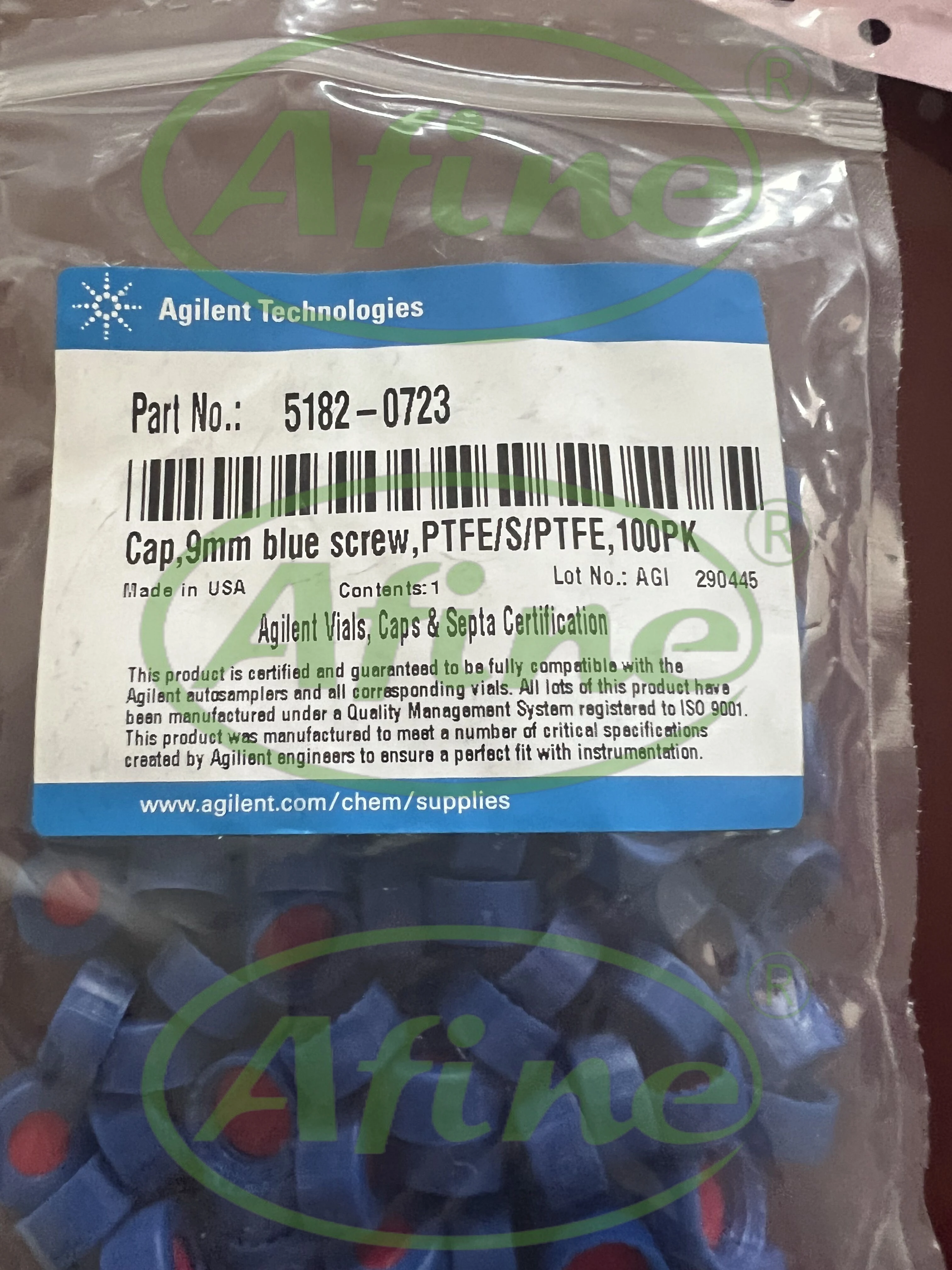 

AFINE Agilent PTFE/Silicone/PTFE Septa Screw Cap 100/pk 5182-0723 Certified 5182-0724