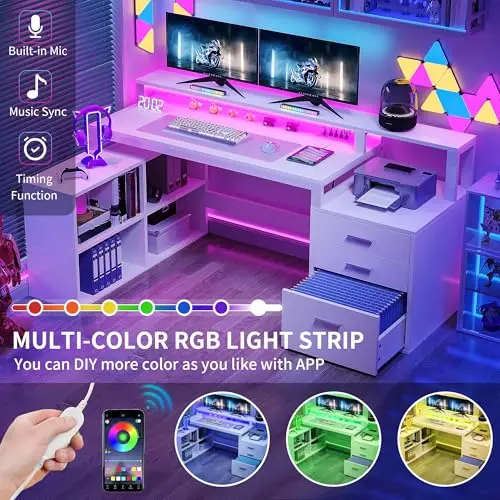 

White L-Shaped 65-Inch Corner Desk With 3 Drawers, Power Outlets, RGB LED Lighting, File Cabinet And Printer Shelf For Home