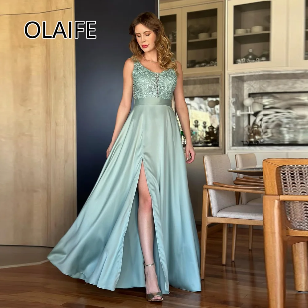 

Women's Strapless V-neck Satin Lace Corset Saudi Arab Dress Backelss A-line Side Slit Evening Gown فساتين سهرة Customized