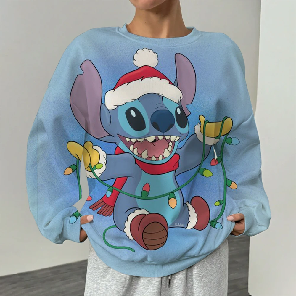 New Merry Christmas Disney Stitch and Mickey Minnie Fall Harajuku Crew Neck Casual Women's/Men's Long Sleeve Sweatshirt Top Y2K