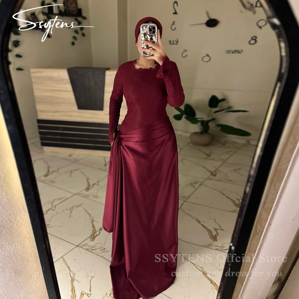 SSYTENS Burgundy Elegant Prom Dresses O Neck Long Sleeves Lace Mermaid Evening Dress Satin Muslim Formal Gowns Dubai Customized
