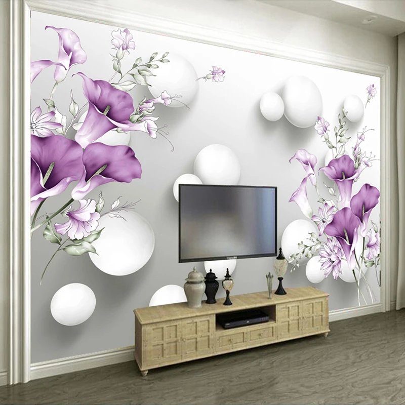 Customized products Wallpaper 3D Stereo Circle Ball Purple Calla Flowers Mural Modern Bedroom Living Room TV Background Wall 8d