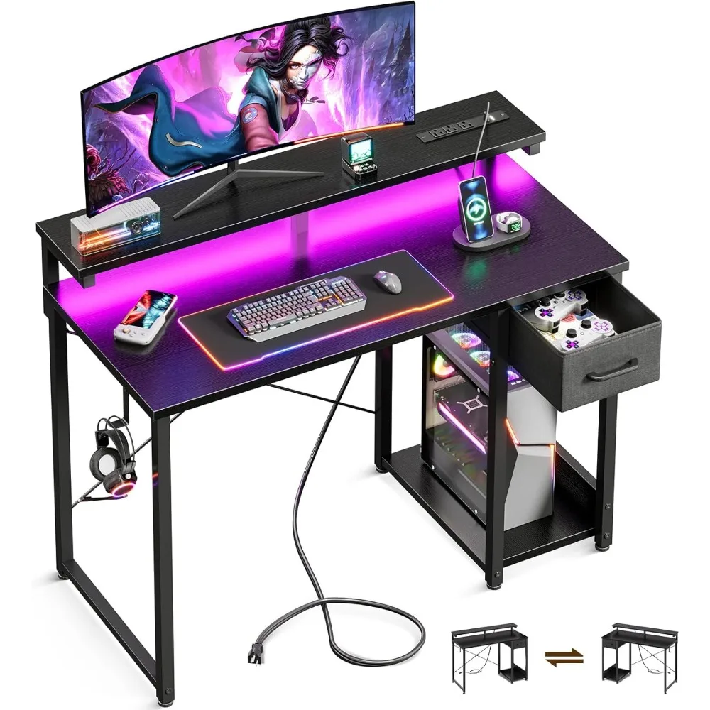 

Gaming Desk with LED Lights & Power Outlet, 40 Inch Computer Desk with Drawer, Reversible Desk with Monitor Stand & Headphone H