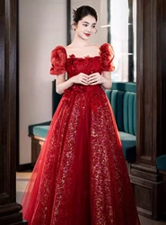 Customized Elegant Banquet Wine Red Evening Dress for Women Lace Appliques Sparkling Long Prom  Formal Gown Vestidos De Noche