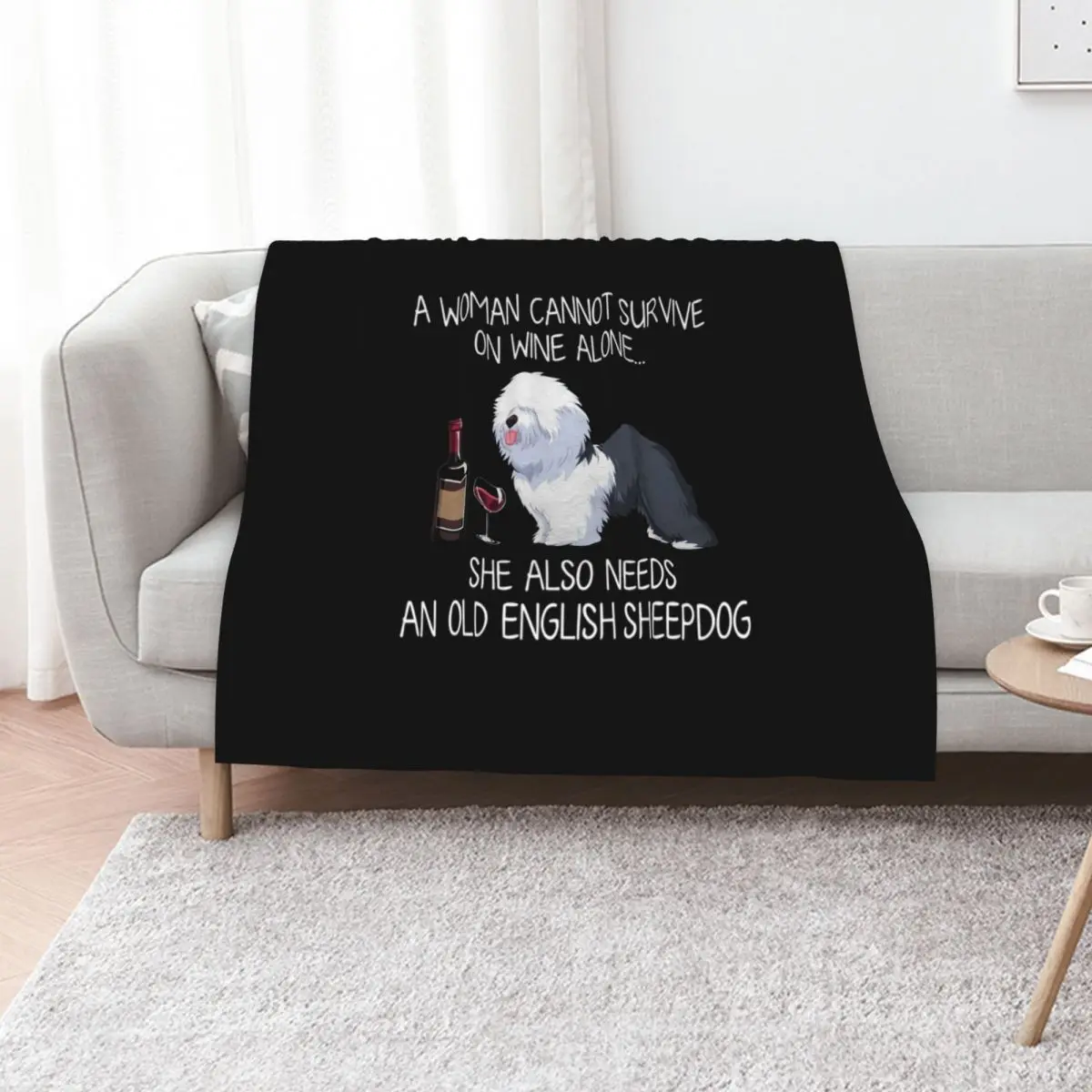 Old English Sheepdog and wine Funny dog Throw Blanket blankets and throws Luxury Shaggy Hair Polar Blankets