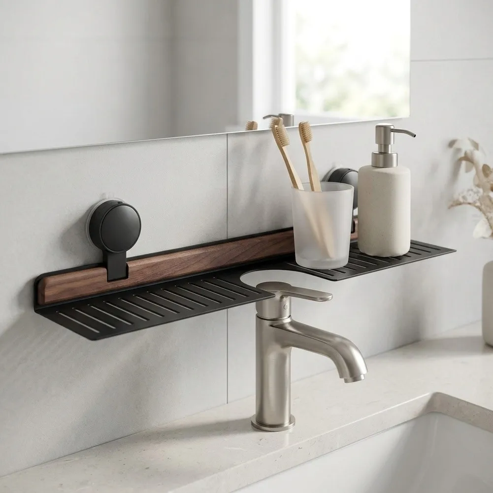 Suction Cup Walnut Shelf for Compact Storage Solutions in Apartments Dorms or Rental Units Without Permanent Fixtures