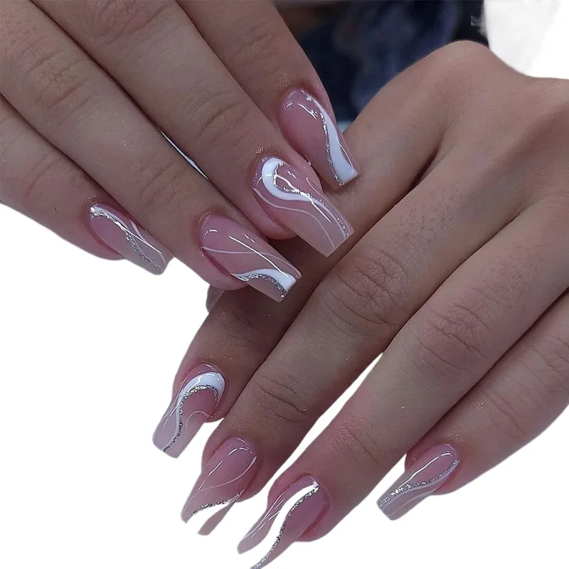 

Wearing nail film French white edge glitter nail film Naked Spice Girl fake nail removable