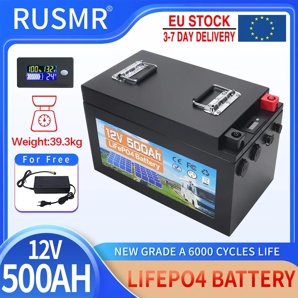 12V LiFePO4 Battery 600Ah 500Ah 300Ah 200Ah 100Ah Built-in BMS Lithium Iron Phosphate Cells Pack 6000 Cycles For Golf Cart Solar